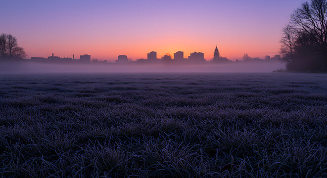 Pastel Sunrise Over Frosted Meadow and Distant Buildings - Powered by Adobe