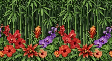Lush tropical floral arrangement with bamboo background and vibrant colors