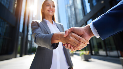 Successful Business Partnership Agreement Celebration with Handshake Between Professionals Outside Modern Office Buildings in Downtown City Financial District