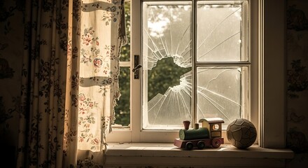 Broken Window with Toy Train and Ball