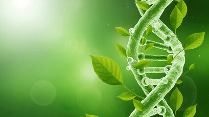 Abstract representation of a dna double helix intertwined with green leaves, symbolizing the connection between genetics, nature, and life sciences, with a soft green bokeh background and bright light - Powered by Adobe