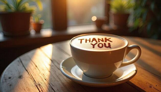 Premium Thank You Latte Art Close-Up – Warm, Grateful, and Inviting Coffee Photo with Cocoa Foam Message on Rustic Wooden Table in Cozy Café Setting