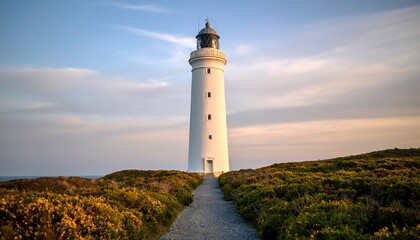 Dramatic light highlighting a white lighthouse on a coast surrounded by flora