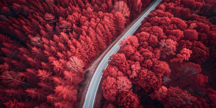 Red Forest Road: A vibrant aerial view captures a winding road cutting through a dense forest ablaze in tones of crimson, offering a perspective on nature's striking beauty.  - Powered by Adobe