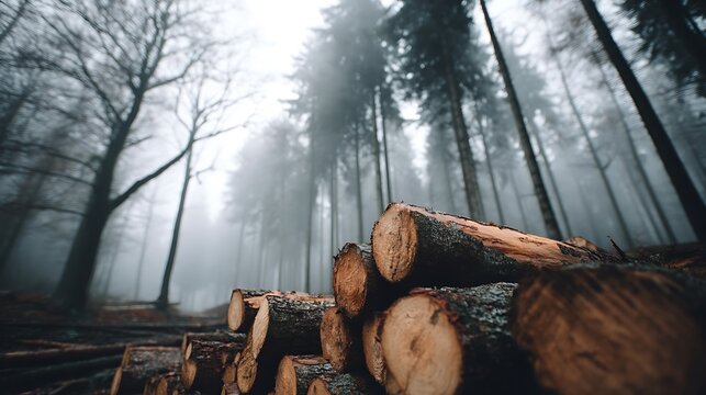 Piles of stacked logs in a misty forest, depicting forestry, logging industry, and the raw beauty of nature with a touch of melancholy