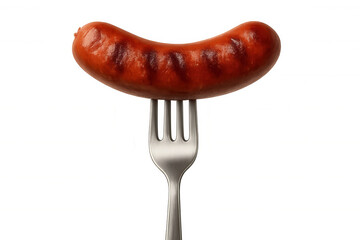 Grilled sausage skewered on fork, glistening against clean backdrop, showcasing culinary detail