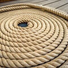 Rope coil on wooden background with spiral texture