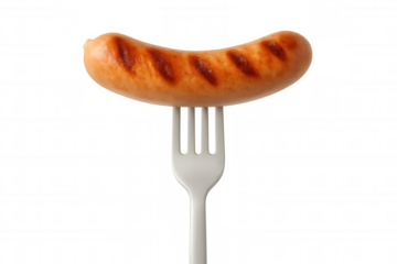 Close-up of a grilled sausage on a fork, isolated on a transparent background, ready for advertising or design projects