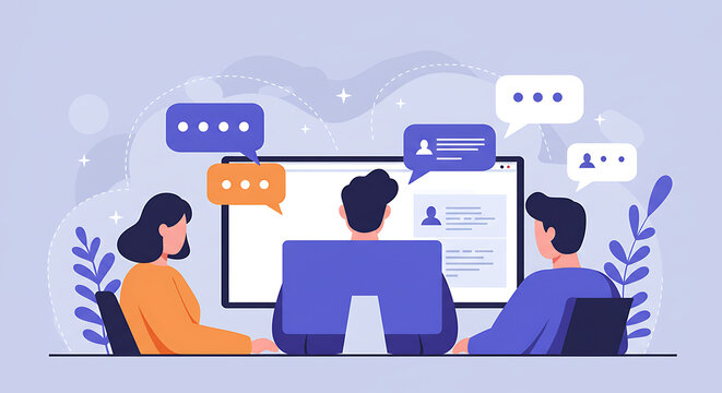 Diverse team collaborating remotely through online video conference with chat bubbles symbolizing communication