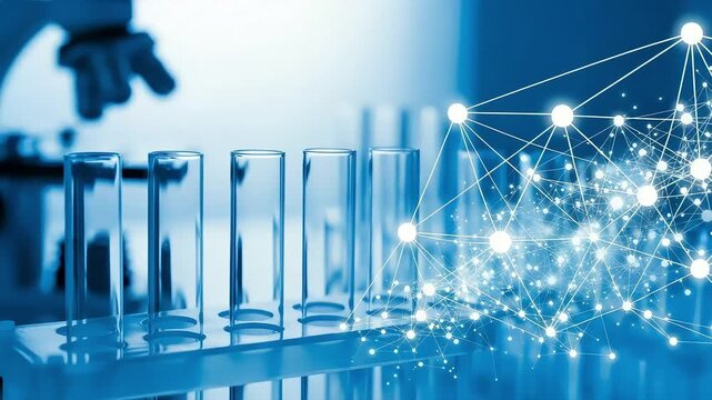 Laboratory glassware and a microscope are arranged in a science lab for medical research and development