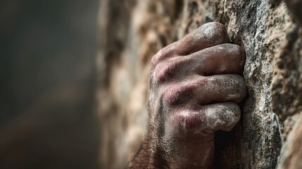 Climber's hand gripping rough rock, covered in chalk and showing strain. Use for illustrating determination, strength, or overcoming challenges.