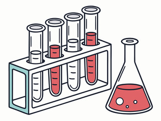 Laboratory equipment with test tubes and a flask containing red liquid