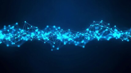 Abstract glowing blue digital network of interconnected particles and lines on a dark blue background, representing technology and data flow - Powered by Adobe