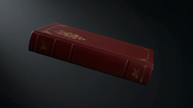 A Closed Hardcover Book with a Rich Red Cover and Decorative Gold Gilded Accents on a Dark Background