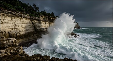Obraz premium Powerful Ocean Waves Crashing Limestone Cliffs Storm Indonesia Sulawesi Seascape Drama