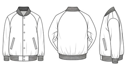Bomber jacket technical flat fashion sketch template. Vector illustration with front, back, and side views for apparel design.
