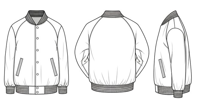 Bomber jacket technical flat fashion sketch template. Vector illustration with front, back, and side views for apparel design.