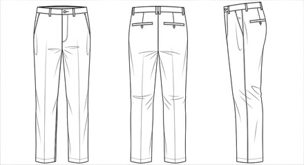 Detailed Line Art Illustration of Men's Trousers in Front, Back, and Side Views