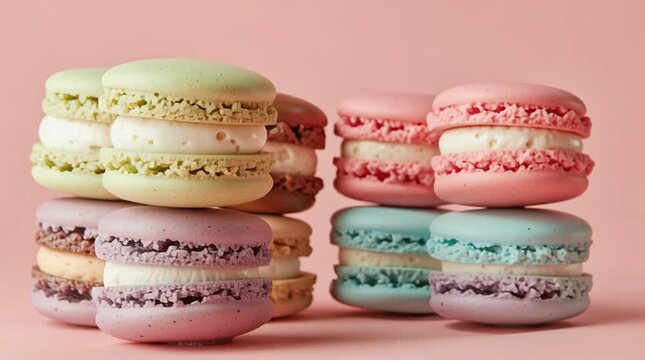 A stack of colorful macarons with cream filling on a pink background in a studio setting