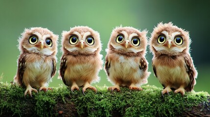 Fototapeta premium Four adorable baby owls perched on a mossy branch