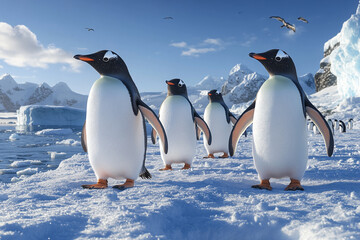 Fototapeta premium Penguins Waddling Across Pristine Antarctic Snow Under Clear Blue Skies