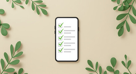Modern smartphone displaying a completed checklist surrounded by fresh green leaves on a neutral background