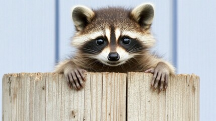 Cute raccoon peeking over a wooden fence