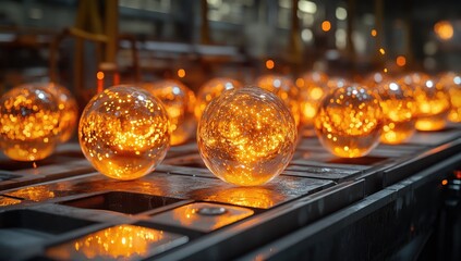 Molten glass orbs on a conveyor belt in a factory
