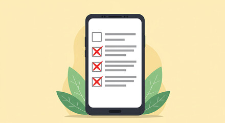 Smartphone displaying a checklist with multiple items marked with red crosses indicating failure or rejection