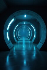 Obraz premium Endless Futuristic Tunnel Illuminated by Neon Lights and Reflective Floor