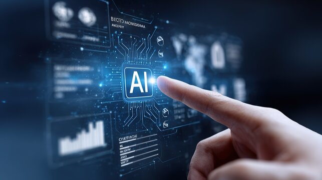 Hand touching AI digital interface icon with futuristic blue data visualization, white elements and "-AI-" text symbolizing machine learning technology for business websites, tech presentations or AI-