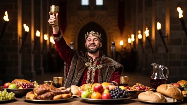 A happy king raising a golden goblet in a toast at a celebratory medieval feast in his hall.