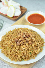 Delicious chicken fried rice with egg, chilli, crackers and green onion, Indonesian dish.