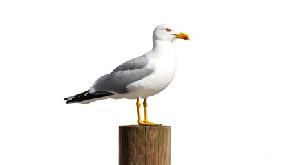 Elegant seagull perched atop weathered wooden piling against a pure white backdrop