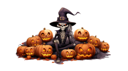 Spooky skeletal witch surrounded by grinning jack-o-lanterns, perfect for Halloween promotions, evoking eerie atmosphere and festive fun