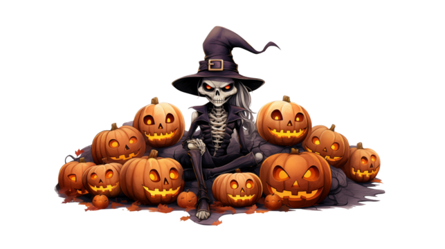 Spooky skeletal witch surrounded by grinning jack-o-lanterns, perfect for Halloween promotions, evoking eerie atmosphere and festive fun