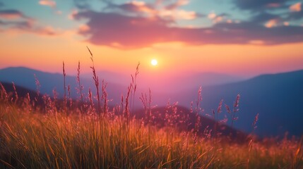 Fototapeta premium Vibrant Sunset Over Mountain Landscape: Tall Grasses in Foreground with Golden-Red-Pink Hues, Sky Transitioning from Orange-Pink to Blue-Purple (Adorned with Clouds), Blue-Purple Mountain Silhouettes 
