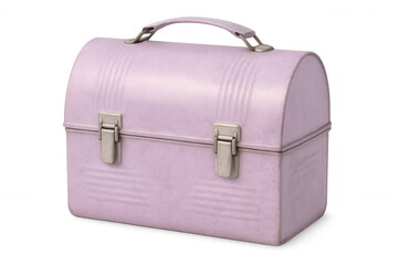 Vintage pink metal lunch box featuring handle, clasps, closed against transparent backdrop