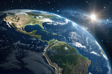 Fototapeta premium Sunlight illuminates the earth from space with stars in the background