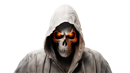 Sinister skull with glowing orange eyes in a white hoodie, perfect for Halloween, horror, and dark fantasy visuals