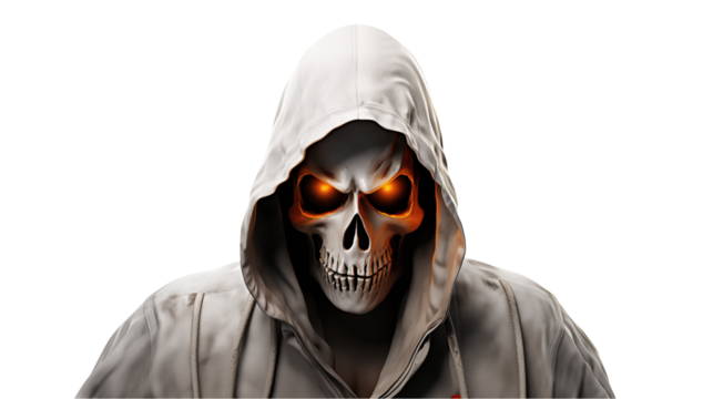 Sinister skull with glowing orange eyes in a white hoodie, perfect for Halloween, horror, and dark fantasy visuals