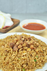 Delicious chicken fried rice with egg, chilli, crackers and green onion, Indonesian dish.