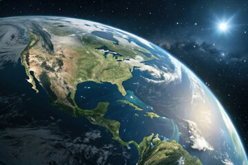 View of earth from space showing north and central america with sun shining