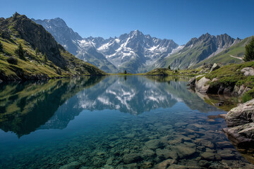 Fototapeta premium crystal clear alpine lake reflecting mountains