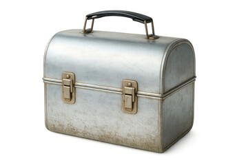 Old and dented metal lunch box isolated on transparent background, showing signs of wear and tear