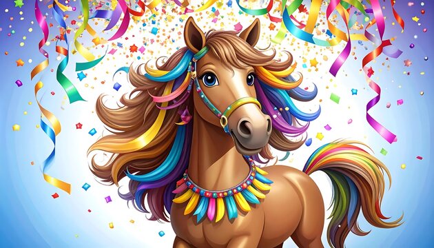 Enchanting celebration scene with a cartoon horse adorned with rainbow accessories and festive