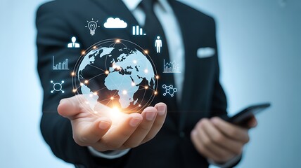 Businessman holding globe with connections, internet of things, network and data visualization concept