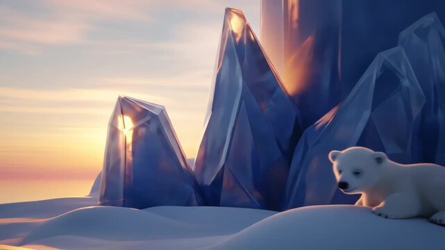 Sleeping bear cartoon watches sunset over icy peaks, a beautiful arctic scene, ntck9lgoeaqe4_upscaled_4K.mp4