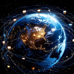 An image depicting the Earth with communication and GPS satellites in orbit, showing connections between continents and people. 