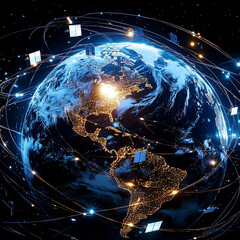 An image depicting the Earth with communication and GPS satellites in orbit, showing connections between continents and people. 